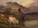William Langley, Highland Cattle By A Loch, Oil on canvas