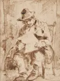 John Baker Of Bath, Reading The News, Pen and ink