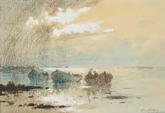 Robert Leslie Howey, Boats On The Coast, Watercolour, gouache and pastel