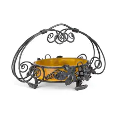 Muller Frères, A Muller Frères Glass Bowl In An Ironwork Stand, glass bowl in an ironwork stand with a scrolling handle and applied leaves and berrie