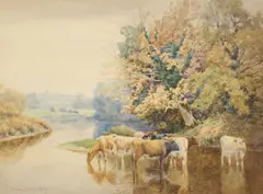 William Sidney Cooper, Cattle Watering, 1909, Watercolour