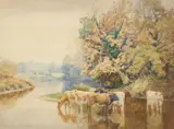 William Sidney Cooper, Cattle Watering, 1909, Watercolour