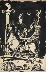 Domenico Gnoli, Surrealist Study Of A Horseman, pencil Ink on paper, possibly over a print Sothebys chalk marks verso