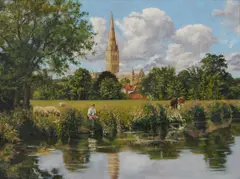Stephen Park, Salisbury Cathedral From The River, Oil on canvas