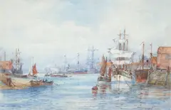 Frank William Scarbrough, Shipping In A Busy Dock, Watercolour