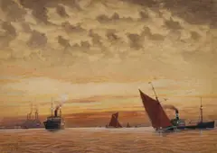 Herbert C. Ahier, Sunset, Yachts And Shipping Near An Estuary, 1948, Watercolour on card Unframed