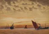 Herbert C. Ahier, Sunset, Yachts And Shipping Near An Estuary, 1948, Watercolour on card Unframed