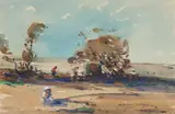 Kershaw Schofield, Figures On A Beach And A Still Life Of Flowers, Watercolour Still life