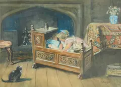 Alfred Walter Bayes, A Girl With Her Doll, Watercolour heightened with white