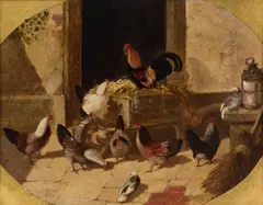 John Frederick Herring, Jr., Chickens And Doves In A Barn, Oil on panel