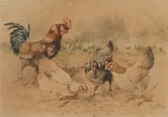 William Baptiste Baird, Cockerel And Chickens In The Yard, Watercolour