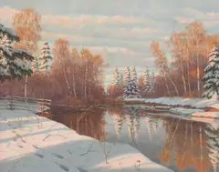 Boris Vasilievich Bessonov, Winter Landscape With Lake, Oil on canvas
