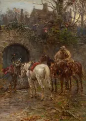 Ernest Crofts, At The Gate, Oil on board Image size: