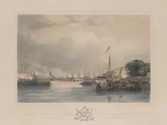Nicholas Condy The Younger, Her Majesty And Prince Albert Proceeding In The State Barge To Land At Royal Dockyard, Devonport, Lithograph Plate size:
