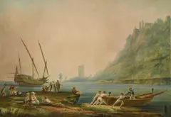 Nicholas Pocock, A Maltese Lateen-Rigged Merchantman At Anchor Off A Fortified Bay With A Ferry Departing, watercolour 56cm x