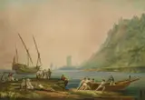 Nicholas Pocock, A Maltese Lateen-Rigged Merchantman At Anchor Off A Fortified Bay With A Ferry Departing, watercolour 56cm x