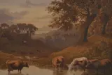 Robert Hills, Cattle Watering In A Wooded Landscape, watercolour 28cm x 41cm