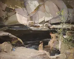 Harry Watson, Two Boys Bathing In A Rockpool, oil on canvas