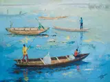 Ufuoma Onobrakpeya, On The Lagos Lagoon, oil on canvas