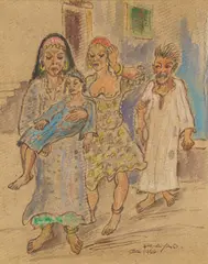 Ragheb Ayad, Four Figures, pen and ink and watercolour on paper
