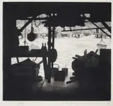 Tanaka Ryohei Japanese, Untitled, etching of horizontal format depicting a harbour scene
