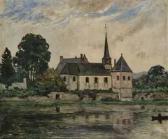 Village Church By A Lake by Louis  Gustave Cambier, oil on canvas, sold Mar 2024