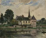 Louis  Gustave Cambier, Village Church By A Lake, oil on canvas