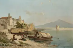 William Raymond Dommersen, Figures And Boats In The Bay, Cattaro, Montenegro, oil on canvas