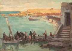Loading Passengers by Kamel Moustafa, oil on board, sold Oct 2023