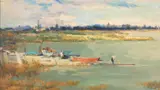 Kamel Moustafa, Fishermen In The Great Bitter Lake, Fayed, oil on board