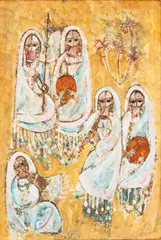 Naguib Mahmoud, (i) FIVE WOMEN; (ii) TWO FIGURES ON HORSEBACK - A PAIR, oil on board (i) & (ii)