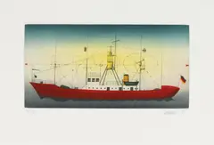 Alois Janák, Ohne Titel (Schiff), Farbradierung auf Bütten