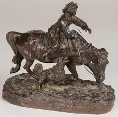 Evgeny Naps, Country Boy on Horseback with Dog, Bronze with dark brown patina