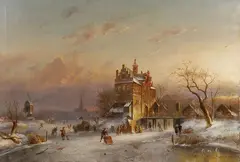 Charles Henri Leickert, Ice Skaters in a Winter Landscape, Oil on canvas