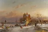 Charles Henri Leickert, Ice Skaters in a Winter Landscape, Oil on canvas