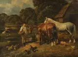 John Frederick Herring, Jr., A Farmyard Scene with Horses, Pigs and Poultry, Oil on canvas