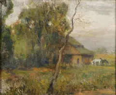 Theodore Clement Steele, Summer Farm Scene with Horses, Oil on board