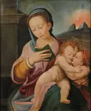 The Madonna & Child with Infant John the Baptist with Mt. Vesuvius Erupting in background by Italian School, Oil on wood panel, sold Jul 2019