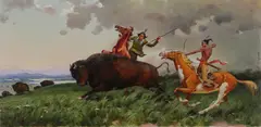 Ivan Akimovich Sushchenko, Indians Hunting Buffalo, Oil on masonite, unframed
