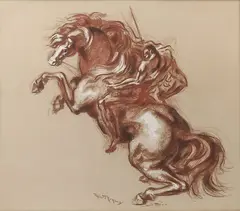 Umberto Romano, Warrior on Rearing Stallion, Pastel and Gouache on paper