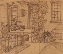 Grant Wood, Amana Home & Corner of Mill, Amana –, Charcoal on brown paper
