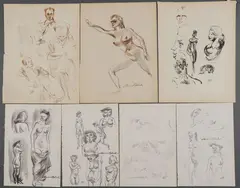 Aaron Bohrod, Nudes and Figural Images – A group of seven sketches, Pen and ink, conté crayon, and graphite on paper