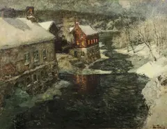 Frits Thaulow, Winter Moonlit River Scene, Oil on canvas