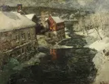 Frits Thaulow, Winter Moonlit River Scene, Oil on canvas