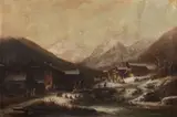 Anton Doll, A Winter Alpine Village Scene with Children Skating and Sledding, Oil on canvas