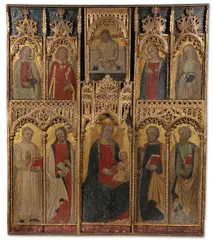 Umbrian School, A Large Carved Gilt Wood Altar Screen, Oil on gilt wood panels set in carved gilt wood fretwork and overhanging central baldacchino