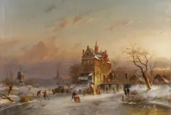 Charles Henri Leickert, A Frozen River Landscape, Oil on canvas