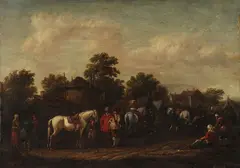Barent Gael, Peasants by a Cottage with Horses, Oil on oak wood panel