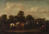 Barent Gael, Peasants by a Cottage with Horses, Oil on oak wood panel
