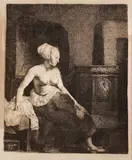 Rembrandt Harmenszoon van Rijn, Woman Sitting Half–Dressed Beside a Stove, Etching on laid paper with fleur-de-lis in shield watermark with terminal flourish monogram